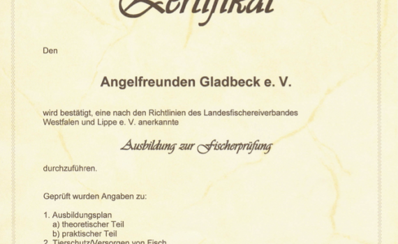 Zertifikat zur Ausbildung zur Fischereiprüfung