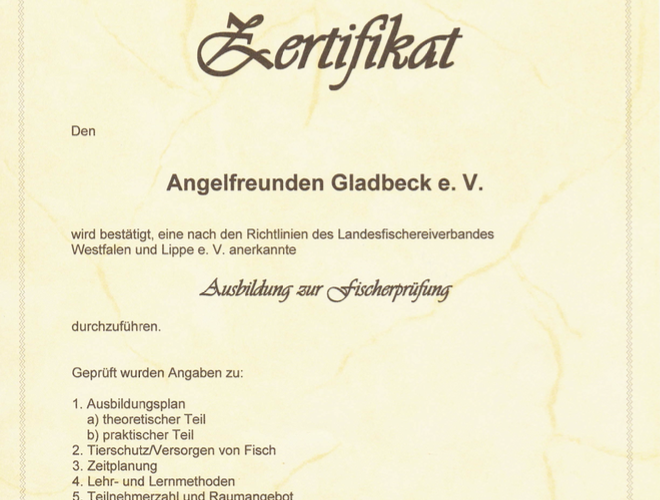 Zertifikat zur Ausbildung zur Fischereiprüfung